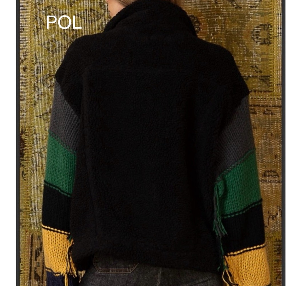 BP21đź–¤POL pristine black fleece trucker jacket w/mustard+ green sleeve details - Picture 4 of 8